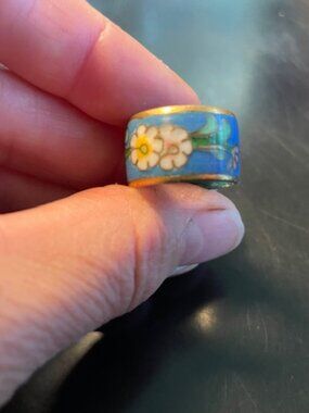 Vintage Cloisenne Enamel Ring Band Blue w/ Flowers